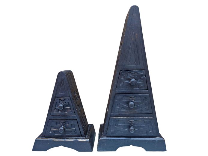 Vintage Pair of Carved Wooden Pyramid Drawers