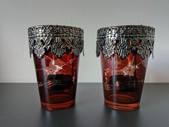 Pair of Red Glass Tealight Holders with Etched Flowers & Metal Trim