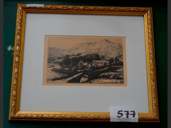GILT FRAMED ETCHING "PRANGE, BORROWDALE" SIGNED J. ETTENNAH, 20 x 12.5cm