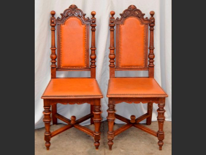 PAIR ANTIQUE HALL CHAIRS WITH STUD DETAIL