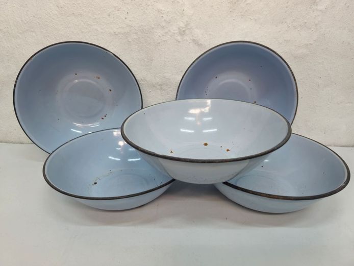 Set of Five Vintage Powder Blue Enamelware Bowls
