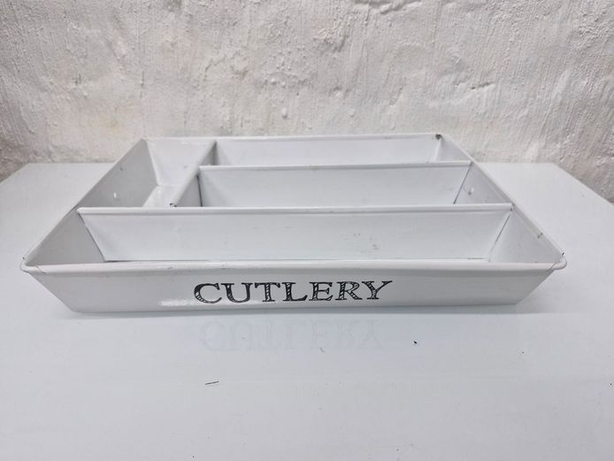 White Metal Vintage-Style "Cutlery" Drawer Organiser Tray with Handles 