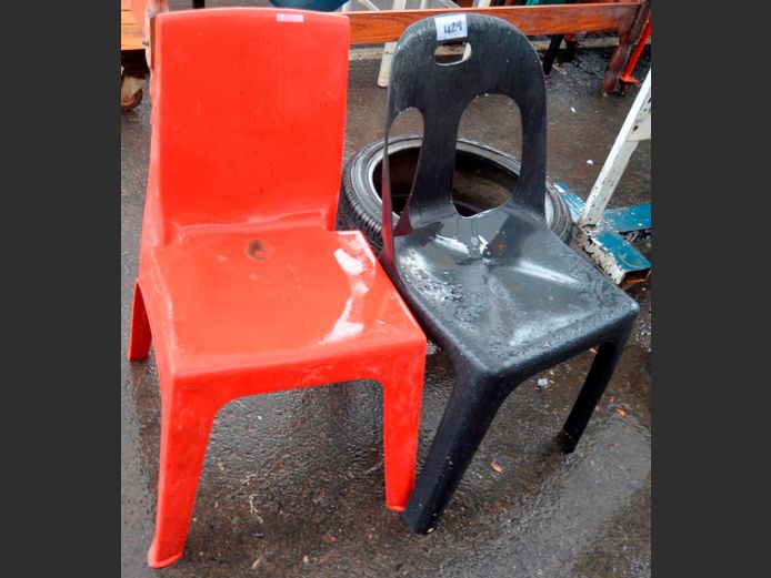 LOT OF 2: BLACK & RED PLASTIC CHAIRS [Weathered]