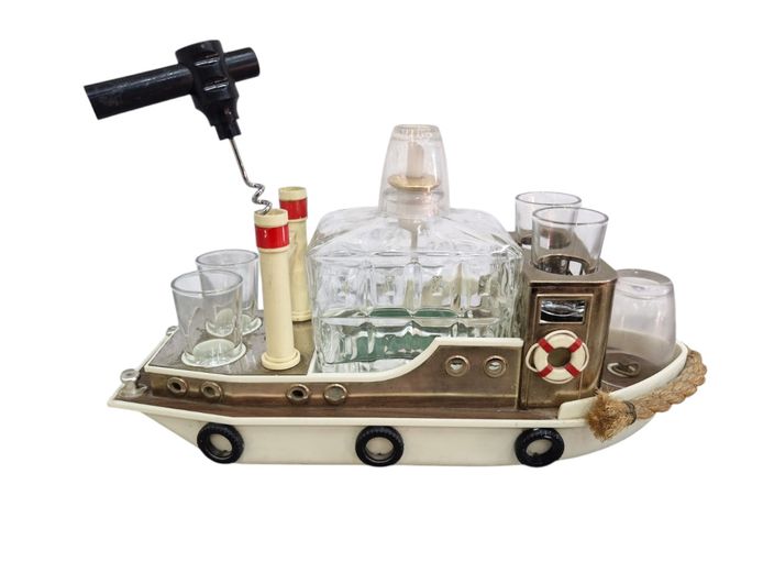 Vintage Tugboat Music Box Decanter Set with Shot Glasses - Made in Japan