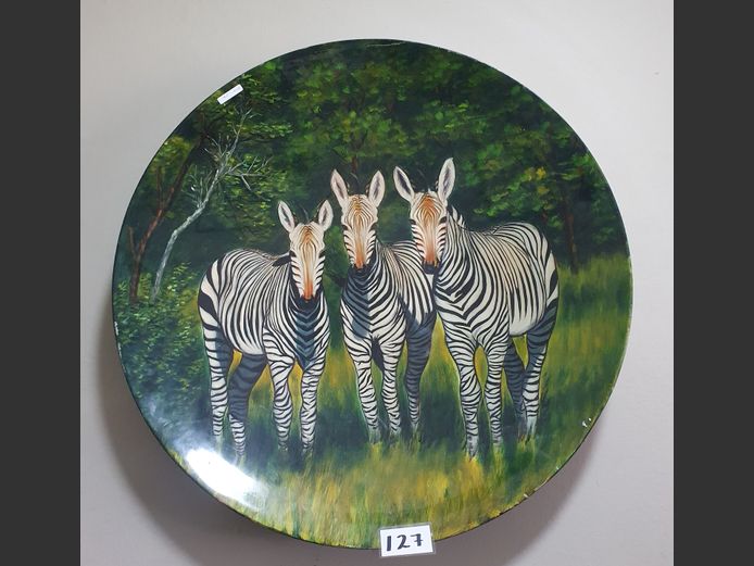GLASS FIBRE HAND PAINTED DECORATIVE WALL PLATE "ZEBRA'S", 80cm Diameter
