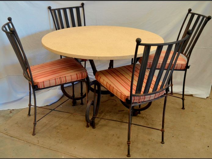 WROUGHT IRON & STONE TOP CIRCULAR TABLE WITH 4 MATCHING CHAIRS, 110cm Diameter x 73cm High