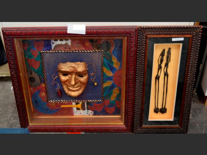 BOX FRAMED AFRICAN ARTWORK & BOX FRAMED DRAMA MASK, 53 x 53cm & 53 x 25cm