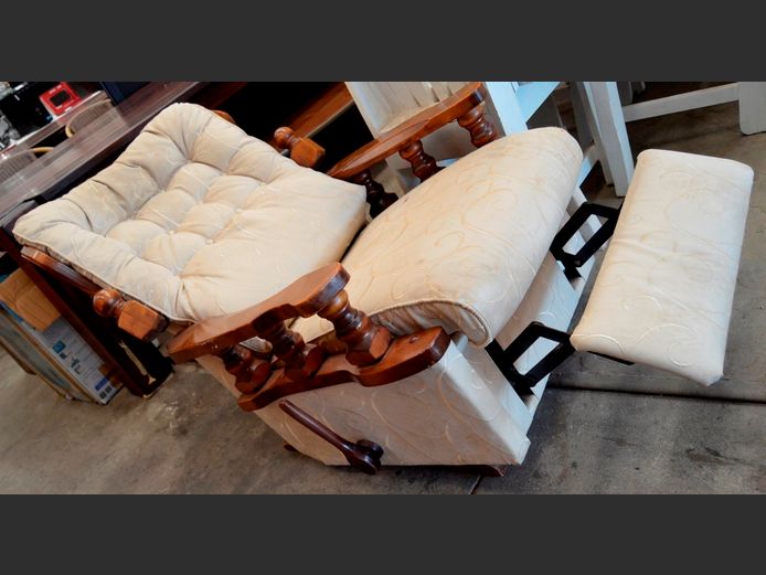 PINE & BEIGE UPHOLSTERED RECLINING ARMCHAIR [Damaged, Needs a good clean]