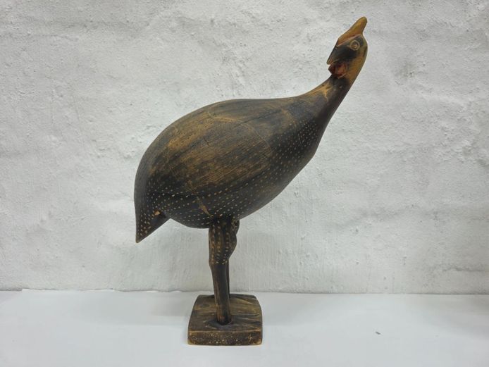 Hand-Carved Wooden Guineafowl Sculpture on Base