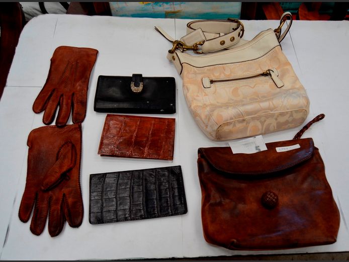 BROWN LEATHER HANDBAG, GLOVES, WALLET, etc