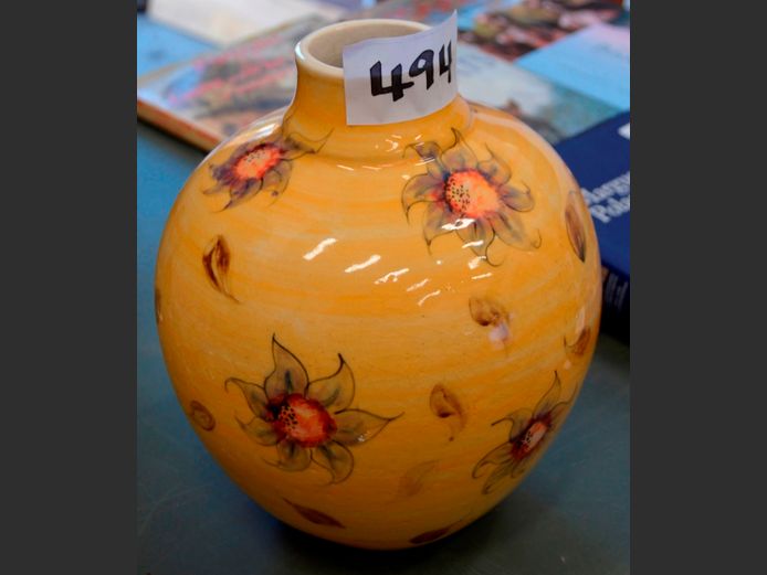 YELLOW FLORAL DECORATED VASE SIGNED LUSIBA CERAMICS JHB '08, 25cm High