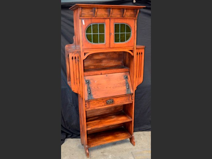 ANTIQUE OAK SINGLE DRAWER FALL FRONT WRITING DESK WITH LEAD GLASS DOORS, 90 x 38 x 173cm