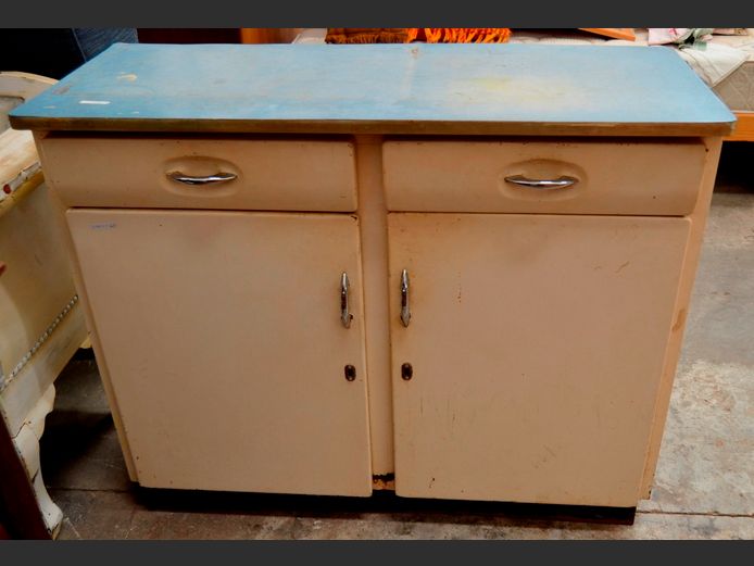 1960'S METAL 2-DOOR, 2-DRAWER KITCHEN CABINET, 107 x 43 x 90cm [Rusted in places]