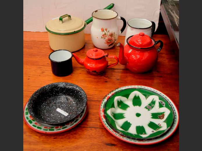 VINTAGE ENAMEL SAUCEPAN WITH LID, TEAPOTS, JUGS, PLATES, etc [Enamel chipped in places]