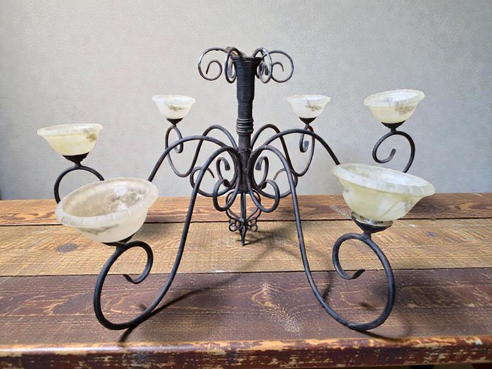 Large 6-Light Metal Chandelier with Alabaster Style Glass Shades