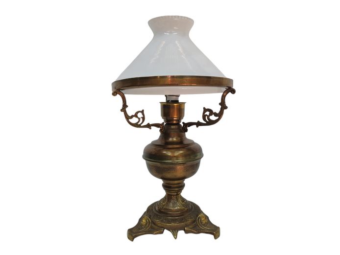 Early 20th Century Cast Brass Student Desk Lamp with White Milk Glass Shade