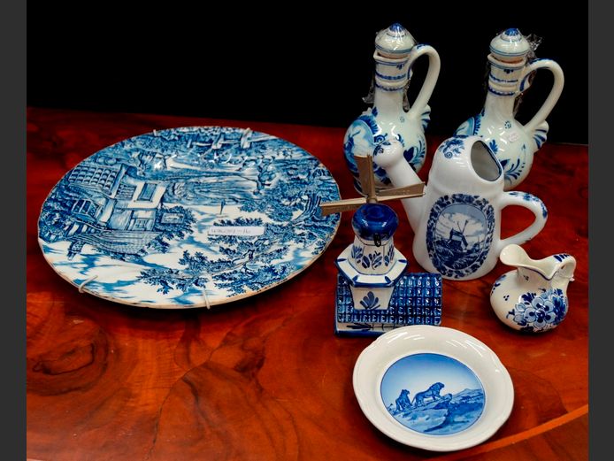 BLUE & WHITE WALL PLATE, DELFT WINDMILL, DELFT WATERING CAN, etc