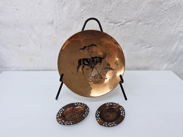 Copper Souvenir Set: Etched Wildlife Plate & Cut-Out Ashtrays