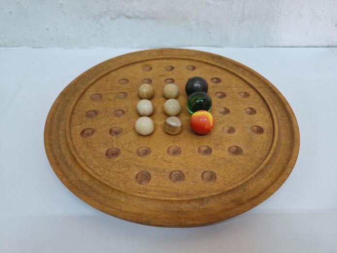 Vintage Wooden Solitaire Game Board with 9 Assorted Marbles