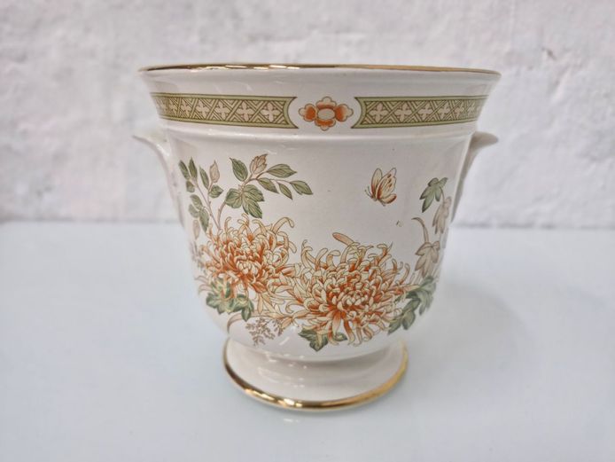 Vintage Japanese-Style Floral Ceramic Cachepot / Planter