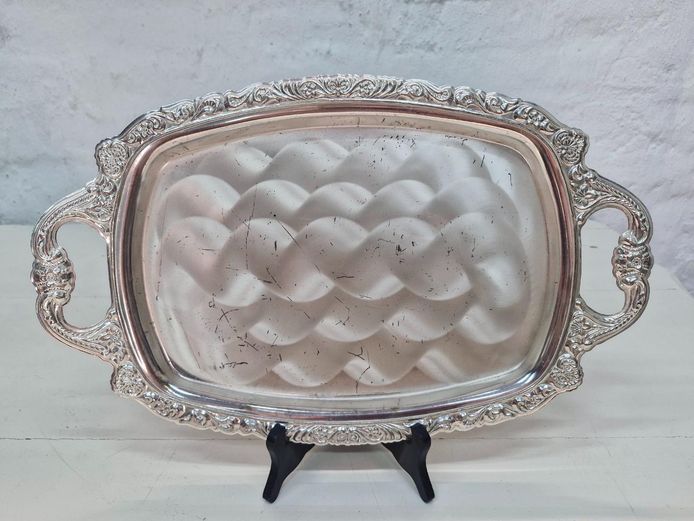 Vintage Silver-Toned Embossed Serving Tray with Handles