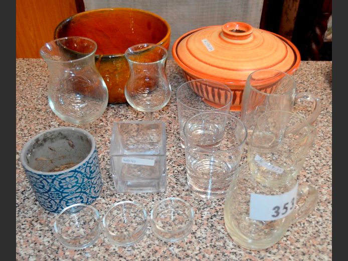 STONEWARE CASSEROLE WITH LID, GLASSES, CANDLE HOLDERS, etc