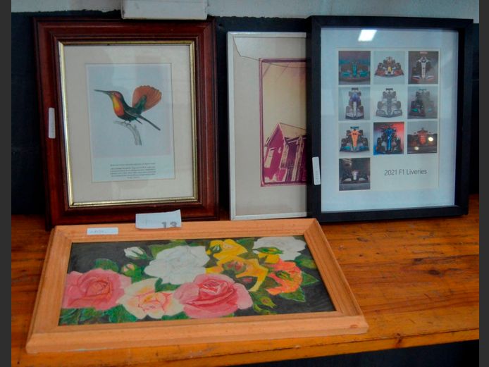 FRAMED RACING CAR PHOTOGRAPHS, FRAMED WATERCOLOUR "ROSES", etc