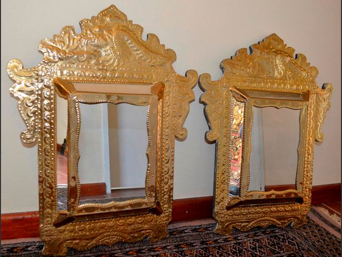 PAIR ORNATE METAL CLAD MIRRORS, 63 x 49cm