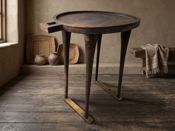 Traditional African Hand-Carved Wooden Grain Mortar Table with Handle