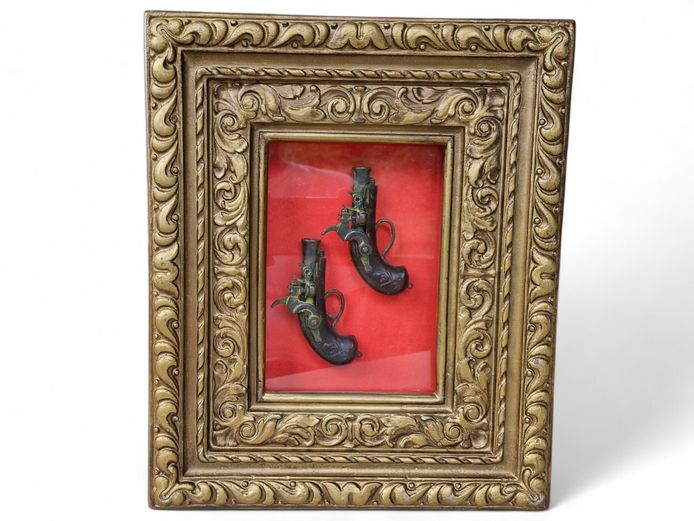 Flintlock Pistols in Ornate Gilded Framed Shadow Box