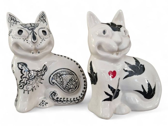 Ceramic Hand-Painted Cat Figurines Signed "Leggs"