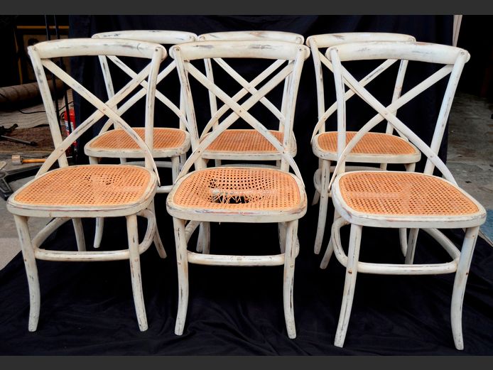 SET OF 6 CREAM PAINTED DINING CHAIRS WITH RATTAN SEATS [Rattan need replacing]