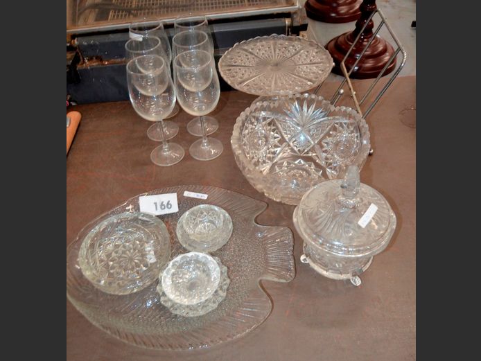 CUT GLASS TAZZA STAND, CUT GLASS BOWL, SWEETS DISH WITH LID, FISH PLATTER, etc