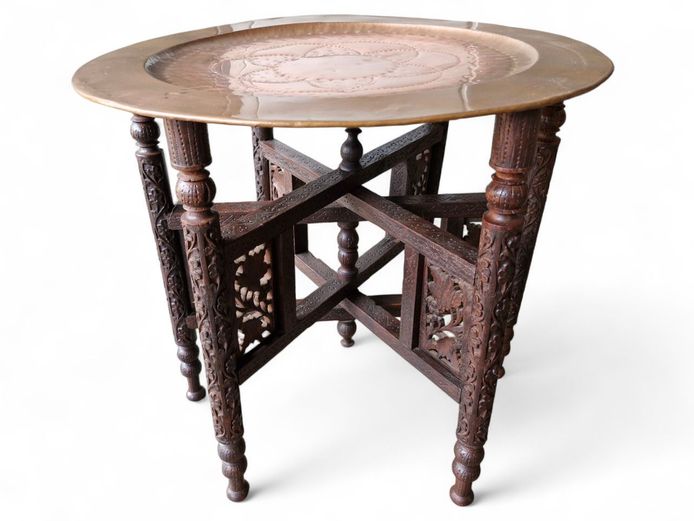 Vintage Anglo-Indian Carved Folding Table with Brass Top