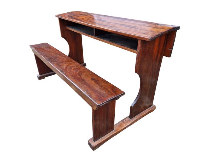 Vintage Solid Wood Two-Three Seater School Desk & Bench Set