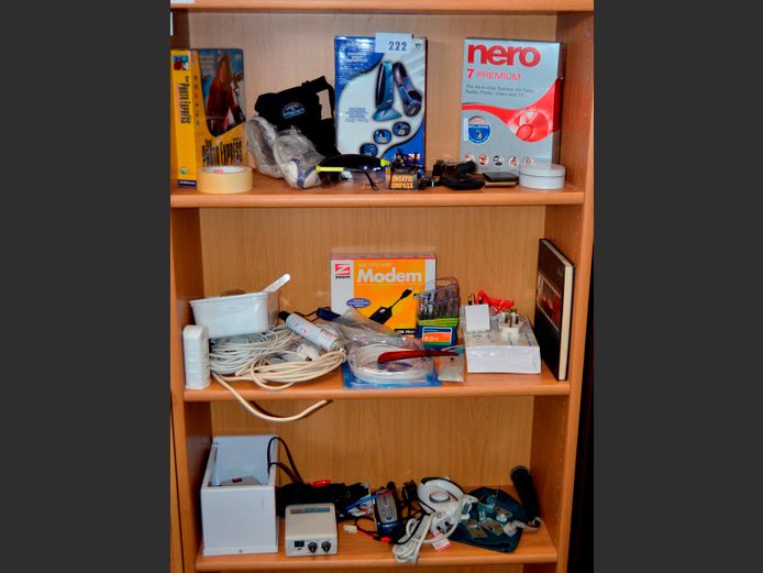 LOT ON 3 SHELVES: TRICKLE CHARGER, DIGITECH EARPHONES, etc [Untested]