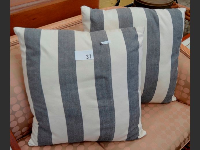 PAIR BLUE & WHITE STRIPED SCATTER CUSHIONS, 50 x 50cm