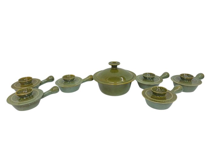 1980s Meilink's Pottery Zimbabwe Speckled Green Ceramic Soup Set