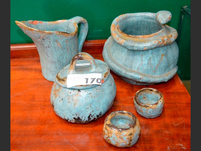 SIGNED & DATED POTTERY BOWL, BOWL WITH LID, PITCHER, etc