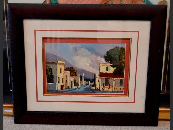 DARKWOOD FRAMED OIL ON BOARD "STREET SCENE" SIGNED LUTHER MARAIS, 43 x 28cm
