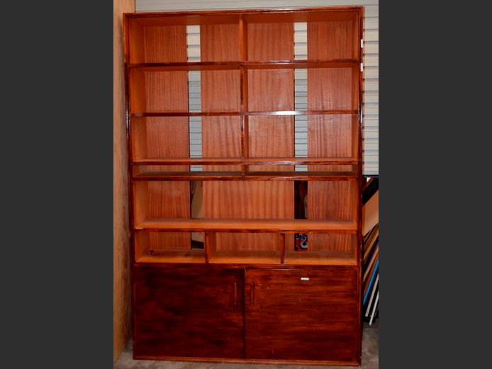 STAINED PINE 2-DOOR, 9-CUBE SHELF, 141 x 34 x 214cm