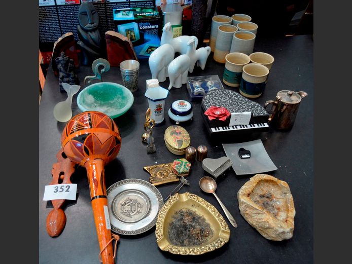 SOAPSTONE FIGURINE, GLASS PHOTO COASTERS, POTTERY TUMBLERS, ORNAMENTS, etc