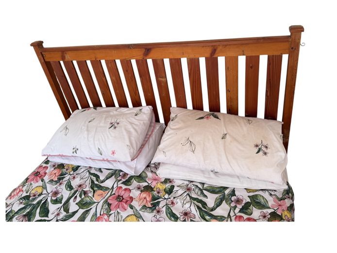 Wooden Bed with Mattress & Bedding
