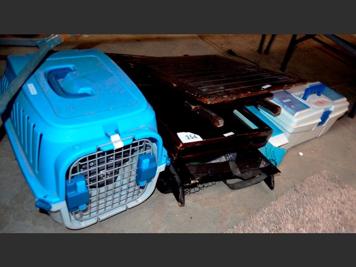 PET CARRIERS, FIRST AID BOX, TOYS, BLOOD PRESSURE MONITOR, BUTLER'S TRAY [Damaged], etc [12,48,70,80]