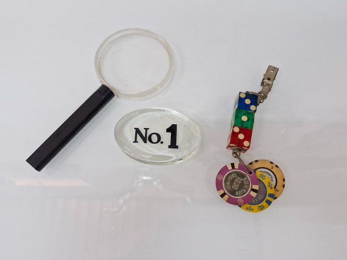 Sun City Casino Chip Keychain, Vintage "No. 1" Glass Paperweight & Magnifying Glass