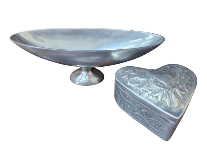 Aluminum Ornate Heart Shaped Box & Pedestal Fruit Bowl