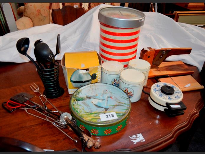 VINTAGE WAFFLE MAKER [No plug], BILTONG SLICER, COLLECTABLE TINS, etc