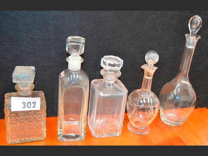 COLLECTION OF 5: DECANTERS WITH STOPPERS