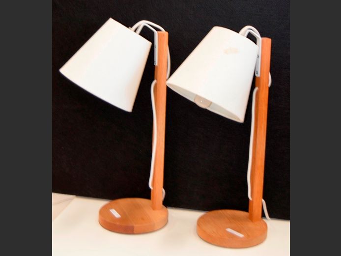 PAIR BEECHWOOD BEDSIDE LAMPS WITH WHITE SHADES, 48cm High