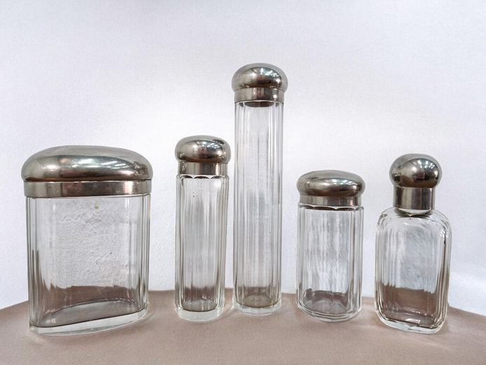 Set of Vintage Glass Vanity Bottles with Silverplated Lids